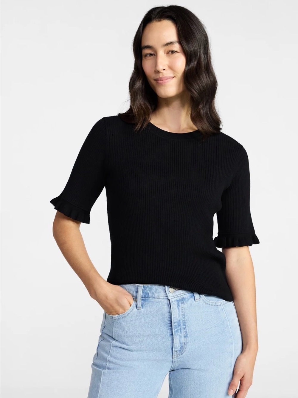 Time and Tru Women's Ribbed Sweater with Flounce Sleeves, Midweight, XS